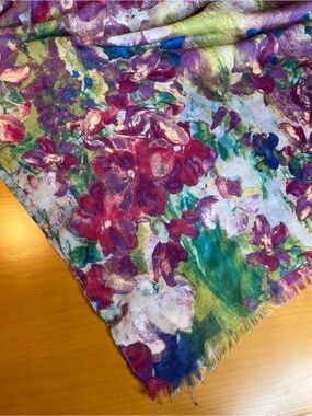 Vibrant Floral Print Scarf in Purple, Green & Blue